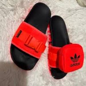 Adidas Black and Neon Red Slide Slides